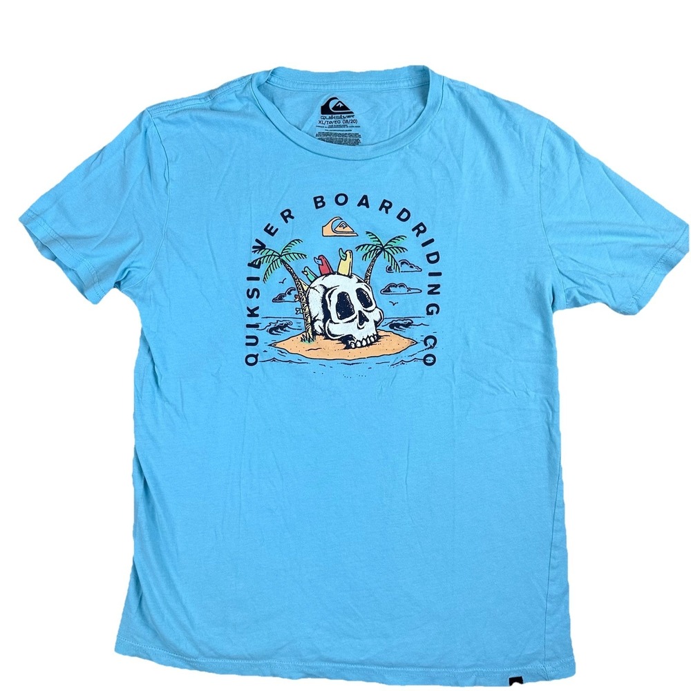 Quicksilver Blue Skull Board Riding Skateboarding, Surfing Youth Shirt Size  XL
